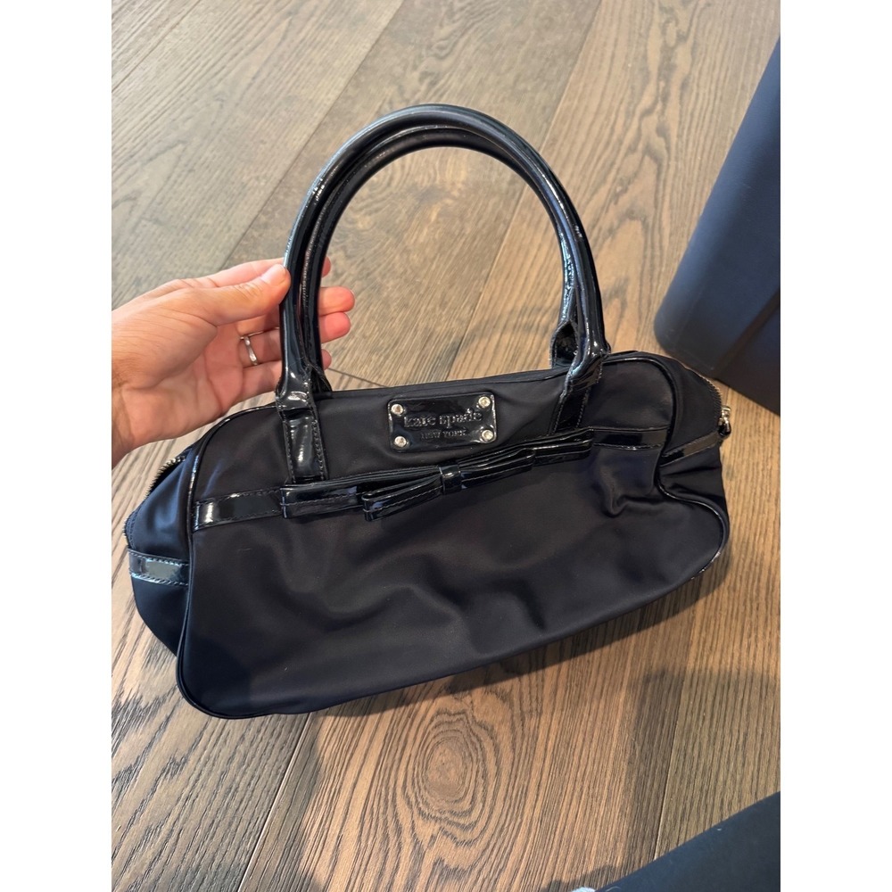 Kate Spade New York Black Nylon Patent Leather Bow Satchel Handbag Polka Dot
